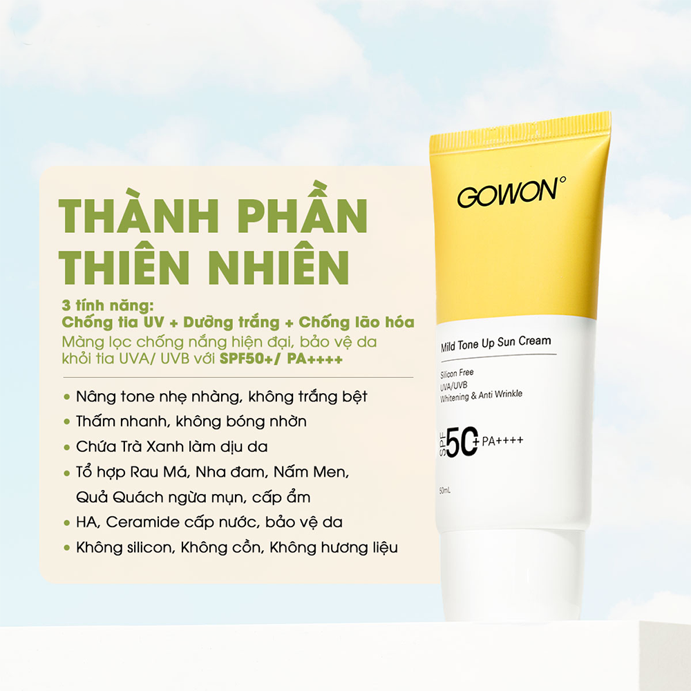 Kem Chống Nắng Nâng Tone Cho Da Nhạy Cảm, Ngừa Mụn, Dưỡng Trắng Da Chiết Xuất Trà Xanh Gowon Mild Tone Up Sun Cream SPF50+/PA++++