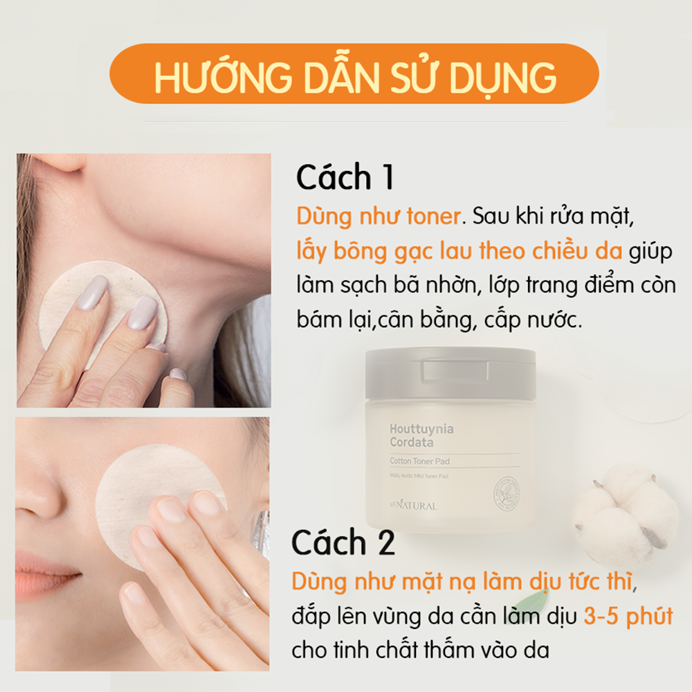 Toner Diếp Cá Dạng Bông Cấp Nước, Làm Dịu Mụn & Nhạy Cảm All Natural Houttuynia Cordata Cotton Toner Pad 60 miếng/110ml