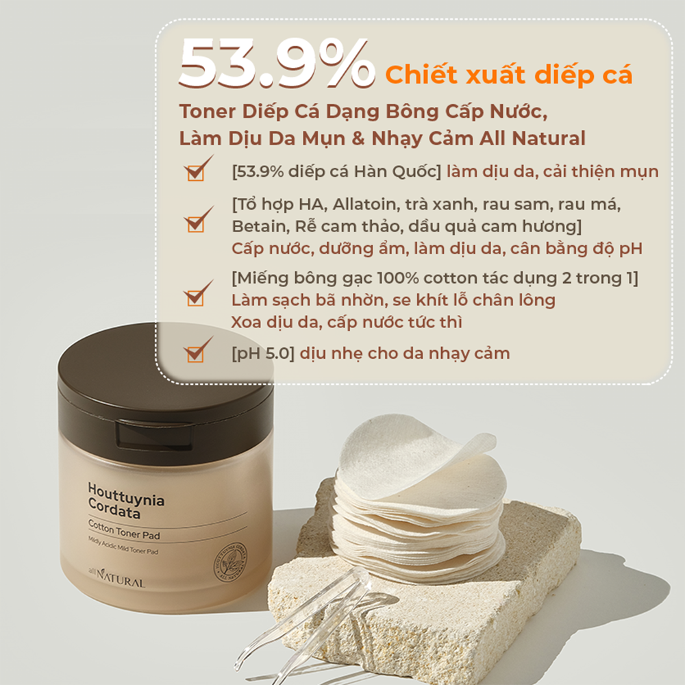 Toner Diếp Cá Dạng Bông Cấp Nước, Làm Dịu Mụn & Nhạy Cảm All Natural Houttuynia Cordata Cotton Toner Pad 60 miếng/110ml