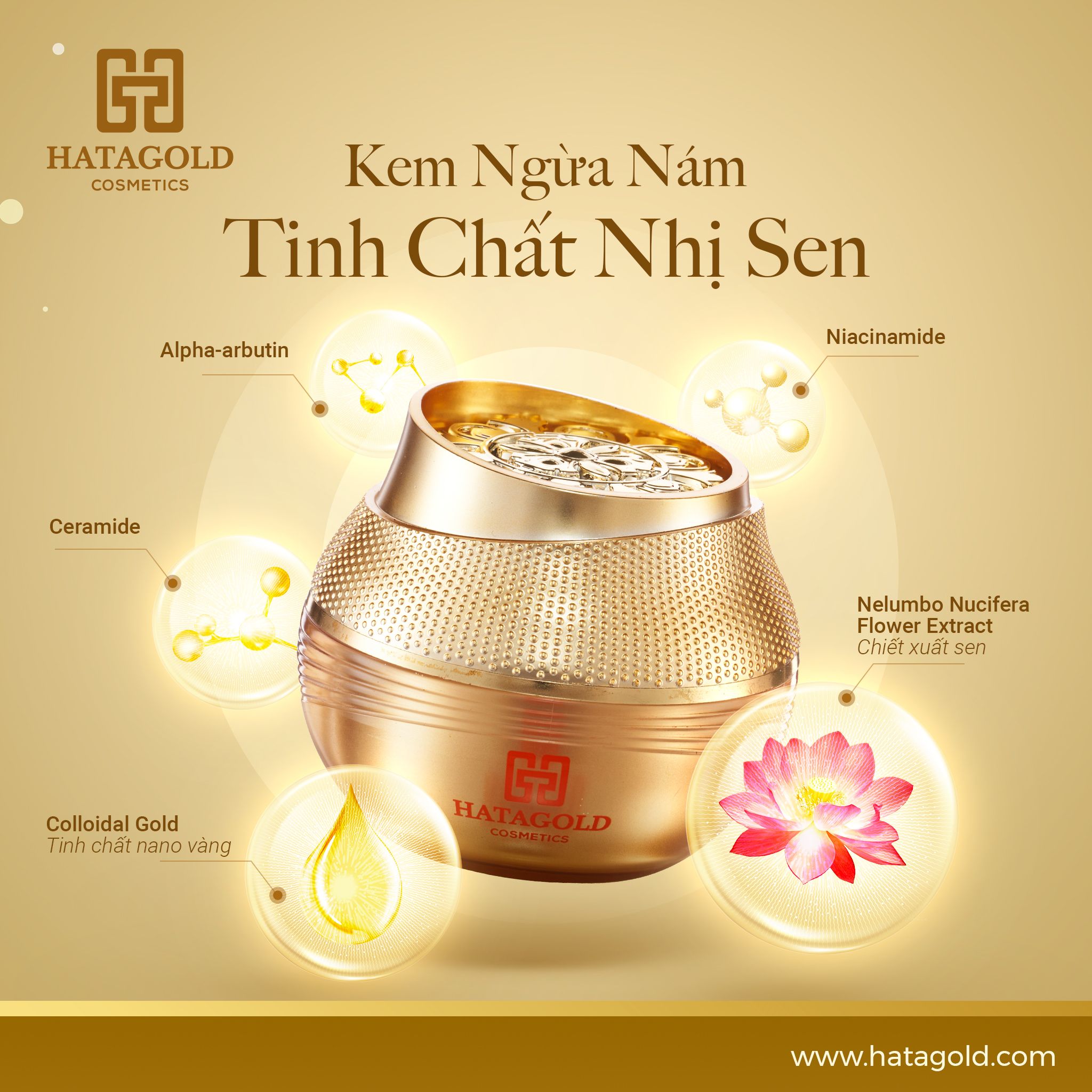 Kem Dưỡng Trắng Da Ngừa Nám Nano Vàng (Tinh chất Nhị Sen) | Whitening and Melasma Solution Cream - KL:30g (Tặng 1 Serum Tinh Chất Vàng 24K: 5ml)