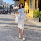 Đầm ôm body LIZARD rút dây 2 bên eo màu trắng tôn dáng 2SS23S027