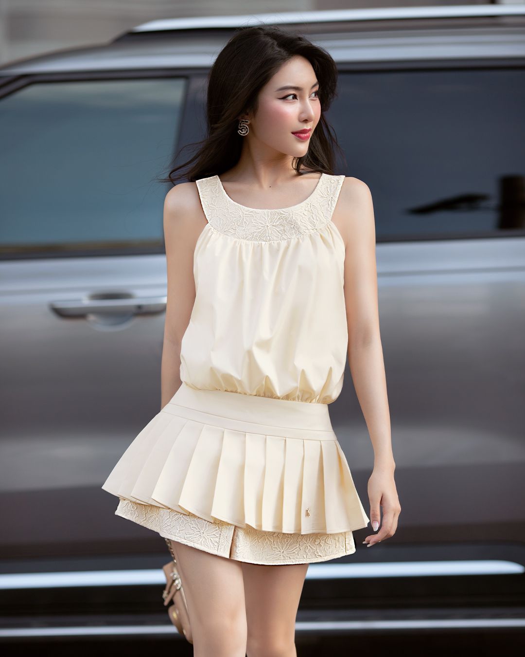 ĐẦM CỔ PHỐI REN NHÚN EO CHÂN XẾP LY K CLOSET D3009