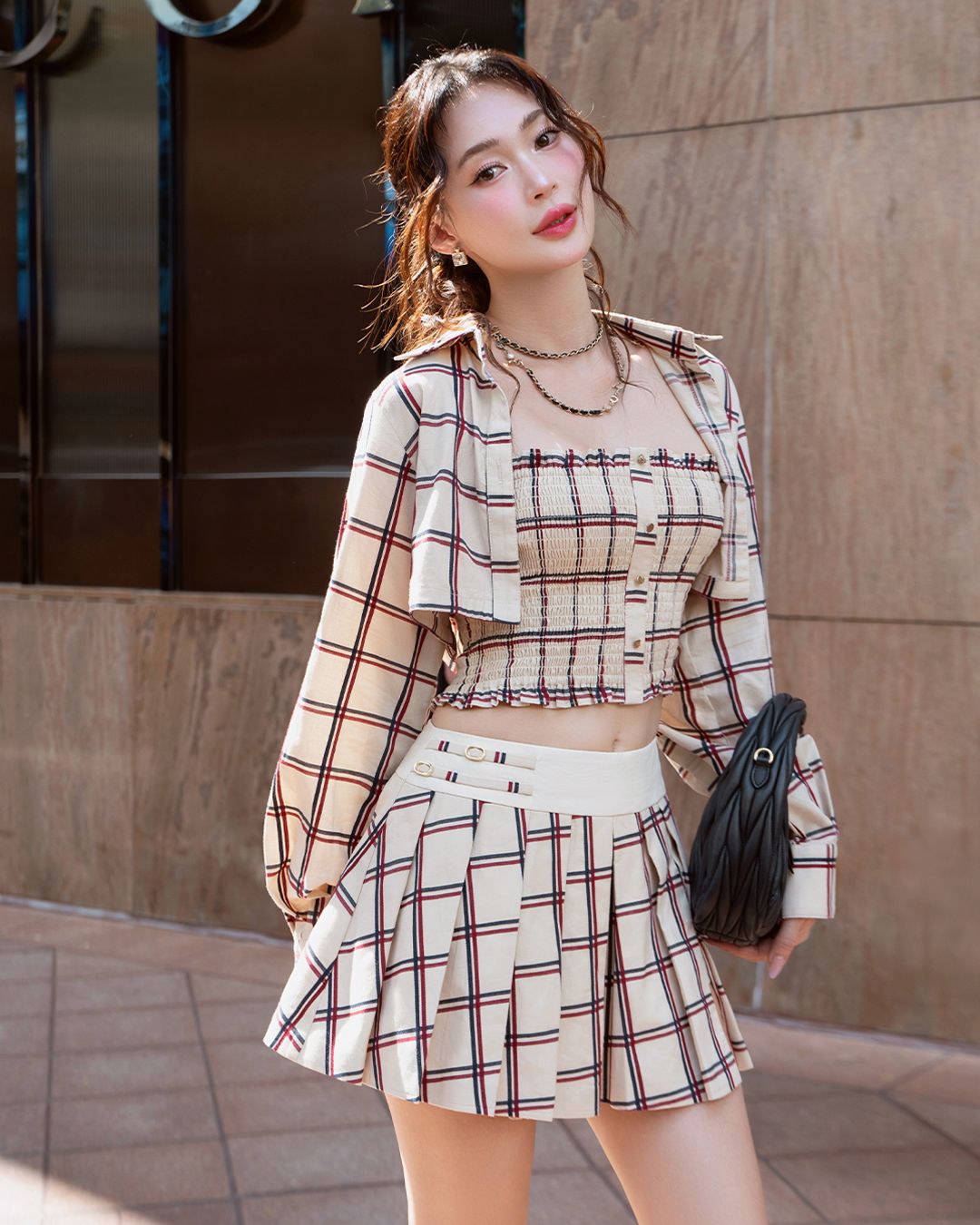 SET 3 MÓN ÁO ỐNG SMOCKING + ÁO SƠ MI CROPTOP + CHÂN VÁY XẾP LY K CLOSET S1030