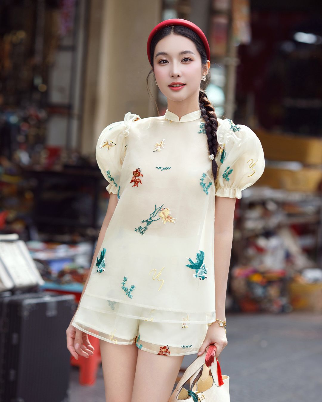 SET ÁO TAY LỒNG ĐÈN - QUẦN SHORT ORGANZA THÊU CÁ CHÉP K CLOSET S2020