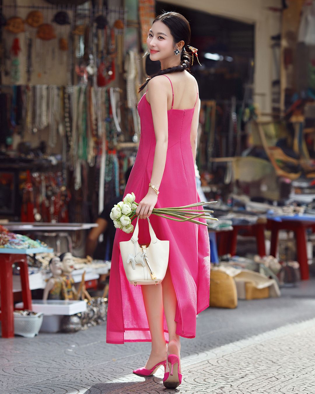 ĐẦM MIDI HAI DÂY EO ĐÍNH NƠ K CLOSET D1028