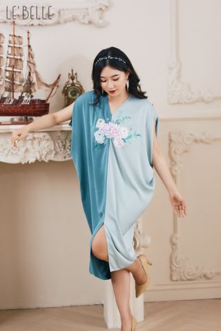 Đầm lụa nhật Rosée vẽ tay hoa hồng- Xanh