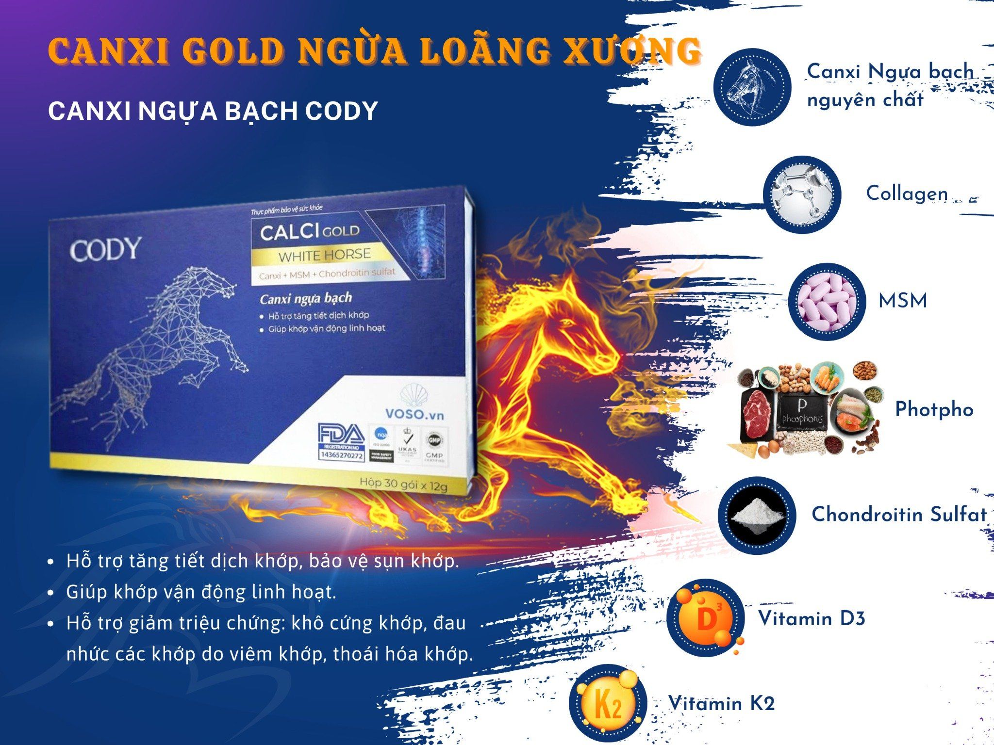 Canxi Ngựa bạch CODY - Canxi GOLD ngừa loãng xương hộp 360g