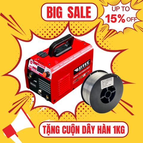 Máy hàn mig không dùng khí Btec MIG250BE Trang bị 2 chức năng hàn Mig và hàn Que.Tặng kèm 1 cuộn hàn 1KG