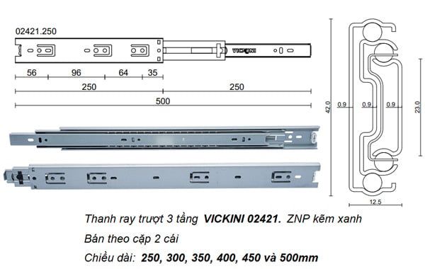 Thanh ray trượt 3 tầng VICKINI 02421.250 ZNP kẽm xanh