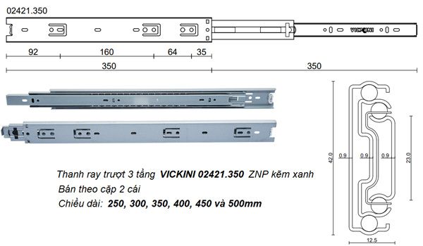Thanh ray trượt 3 tầng VICKINI 02421.350 ZNP kẽm xanh