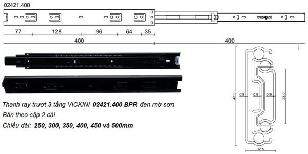 Thanh ray trượt 3 tầng VICKINI 02421.400 BPR đen mờ sơn