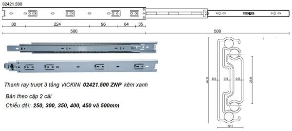 Thanh ray trượt 3 tầng VICKINI 02421.500 ZNP kẽm xanh