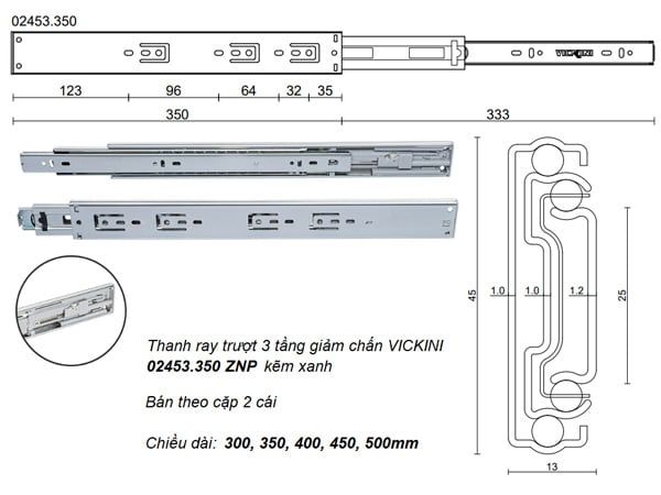 Thanh ray trượt 3 tầng giảm chấn VICKINI 02453.350 ZNP kẽm xanh