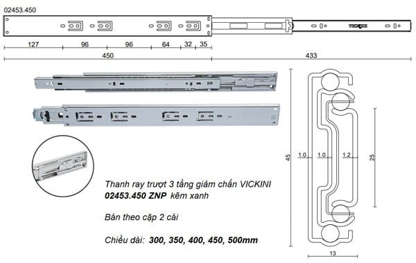Thanh ray trượt 3 tầng giảm chấn VICKINI 02453.450 ZNP kẽm xanh