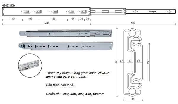 Thanh ray trượt 3 tầng giảm chấn VICKINI 02453.500 ZNP kẽm xanh