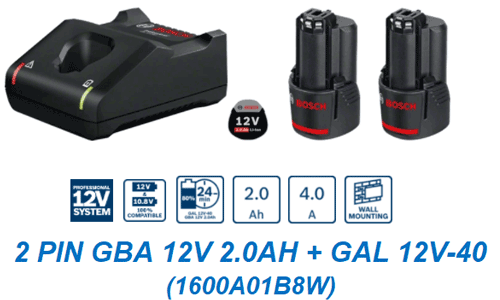 Bộ 2 Pin Bosch GBA 12V 2.0Ah và Sạc nhanh GAL 12V-40