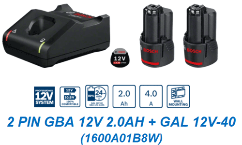  Bộ 2 Pin Bosch GBA 12V 2.0Ah và Sạc nhanh GAL 12V-40 
