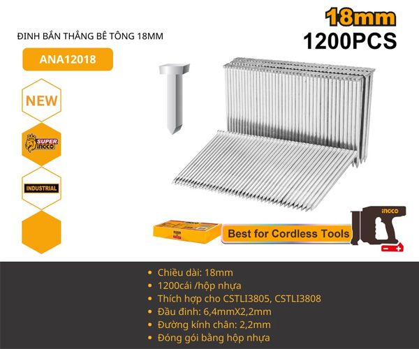 Đinh thẳng ST18 bắn bê tông INGCO ANA12018