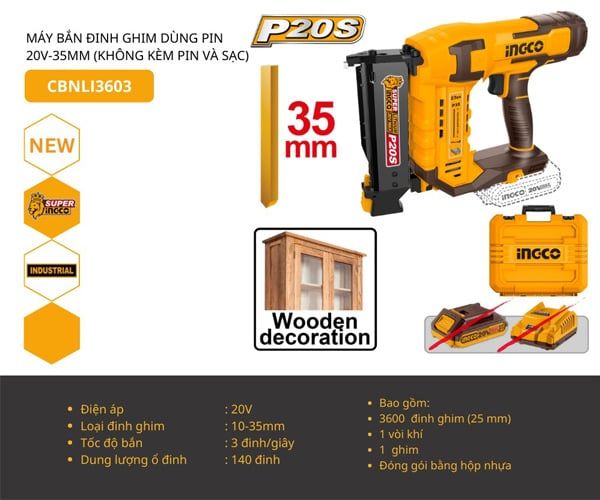 Máy bắn đinh chỉ dùng pin 20V 10-35mm INGCO CBNLI3603