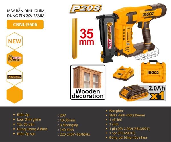 Máy bắn đinh chỉ dùng pin 20V 10-35mm INGCO CBNLI3606
