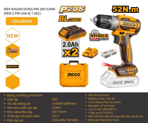 Máy khoan vặn vít dùng pin 20V-52Nm INGCO CDLI20453