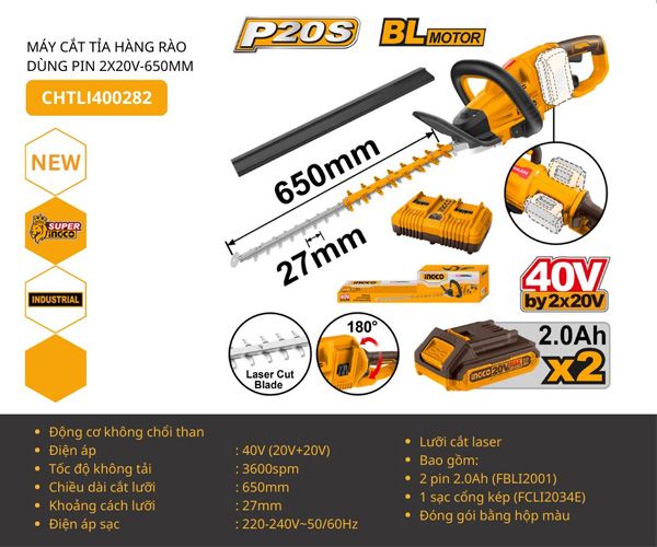 Máy cắt tỉa hàng rào dùng pin 2x20V INGCO CHTLI400282