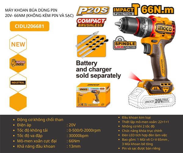 Máy khoan búa dùng pin 20V-66Nm INGCO CIDLI206681