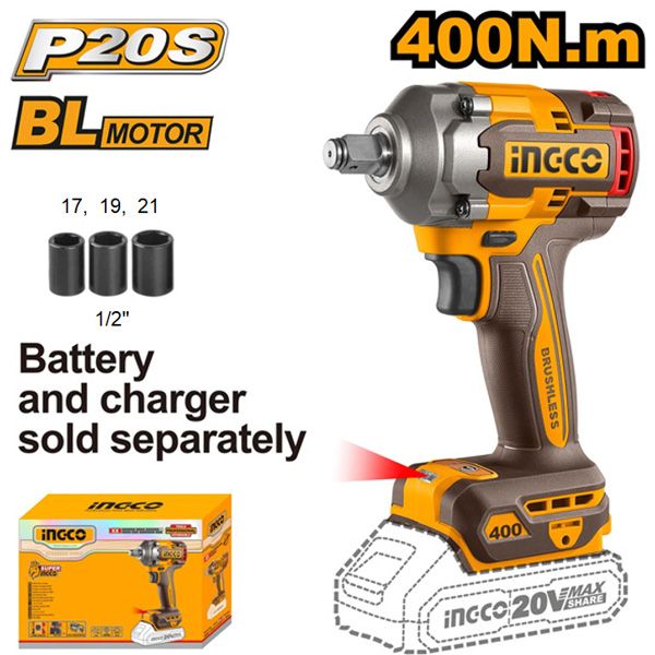 Máy vặn bu lông dùng pin 20V-400Nm INGCO CIWLI20401