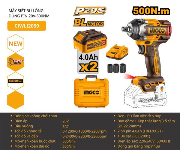 Máy vặn bu lông dùng pin 20V-500Nm INGCO CIWLI2050