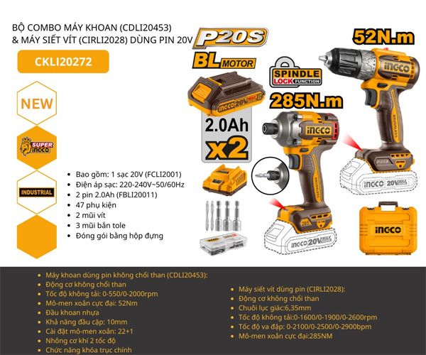 Bộ combo máy khoan và máy vặn bu lông dùng pin 20V INGCO CKLI20272