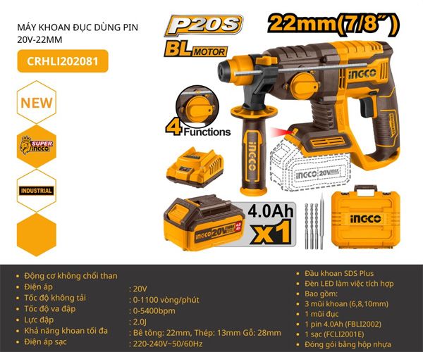 Máy khoan bê tông dùng pin 20V-22mm INGCO CRHLI202081