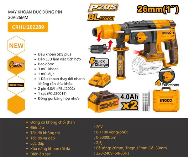 Máy khoan bê tông dùng pin 20V-26mm INGCO CRHLI202289