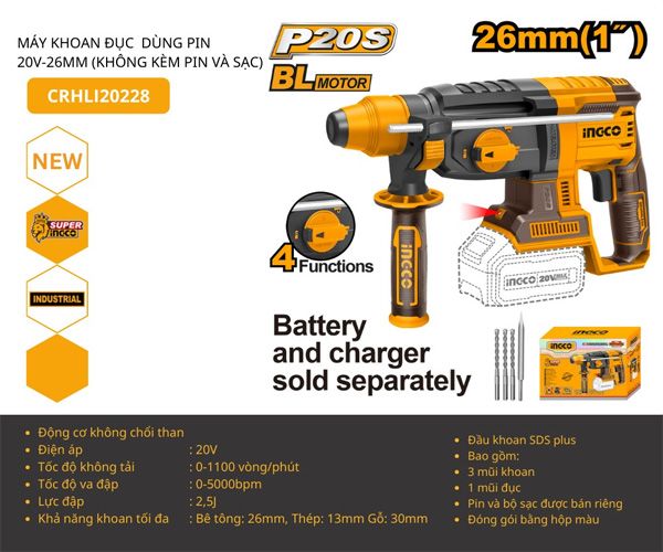 Máy khoan bê tông dùng pin 20V-26mm INGCO CRHLI20228