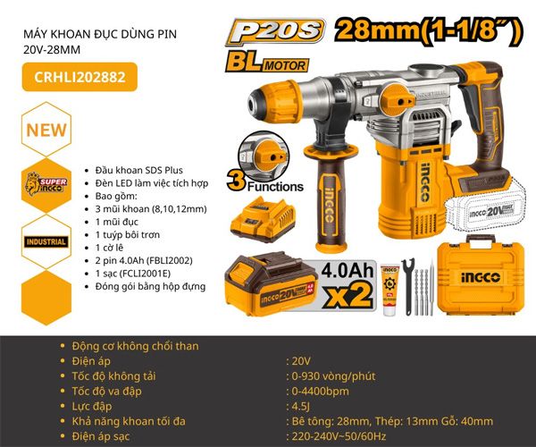 Máy khoan bê tông dùng pin 20V-28mm INGCO CRHLI202882