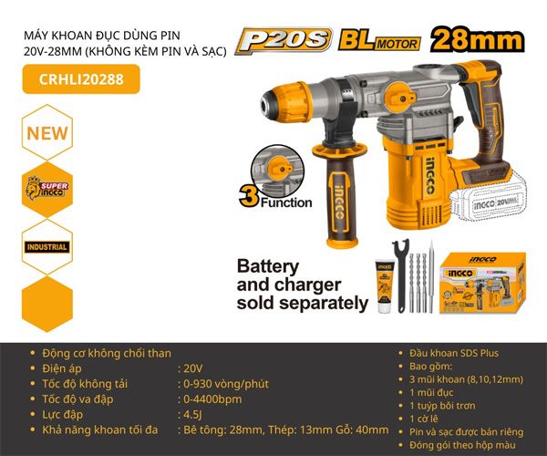 Máy khoan bê tông dùng pin 20V-28mm INGCO CRHLI20288