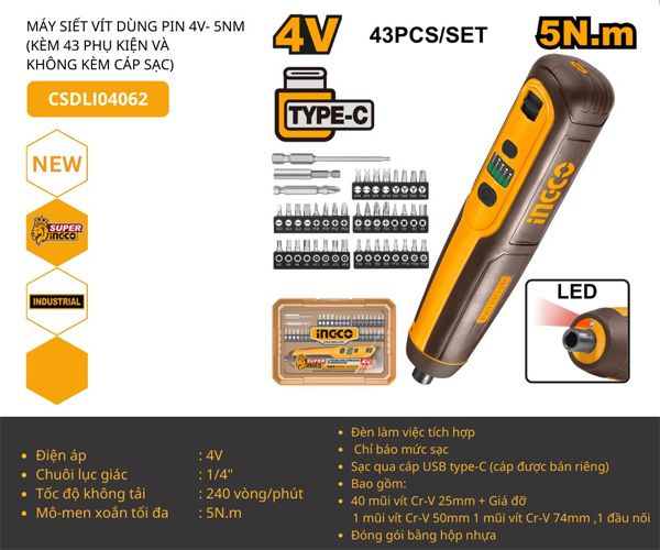 Máy vặn vít dùng pin 4V-5Nm INGCO CSDLI04062