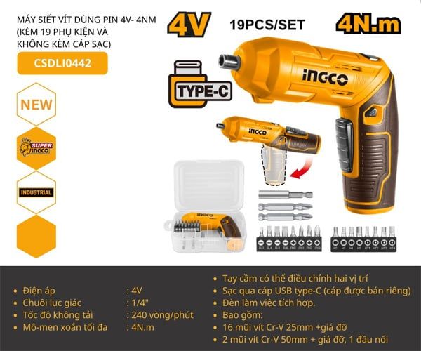 Máy vặn vít dùng pin 4V-4Nm INGCO CSDLI0442