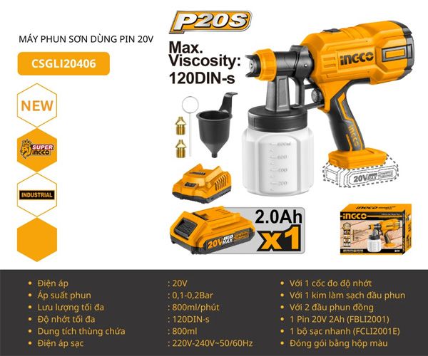 Máy phun sơn dùng pin 20V INGCO CSGLI20406