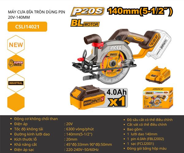 Máy cưa đĩa dùng pin 20V-140mm INGCO CSLI14021