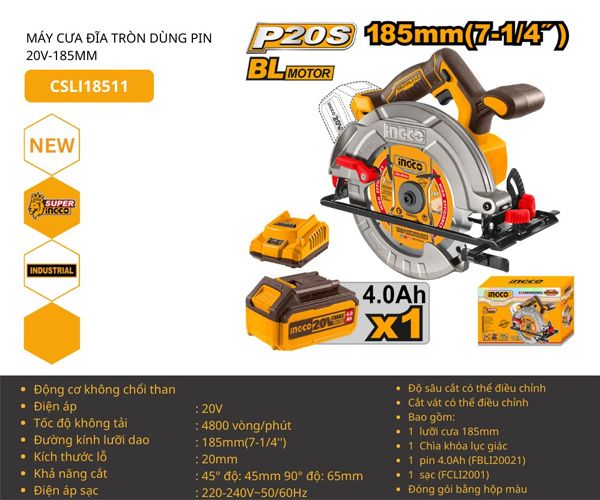 Máy cưa đĩa dùng pin 20V-185mm INGCO CSLI18511