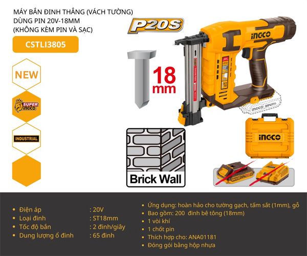 Máy bắn đinh ST18 dùng pin 20V INGCO CSTLI3805