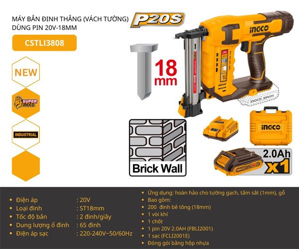 Máy bắn đinh ST18 dùng pin 20V INGCO CSTLI3808
