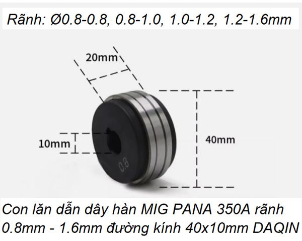 Con lăn dẫn dây hàn MIG PANA 350A rãnh 0.8mm và 0.8mm đường kính 40x10mm DAQIN BXP8