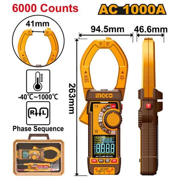 Đồng hồ kẹp kỹ thuật số AC 1000A-6000 số đếm Ingco DCM610001