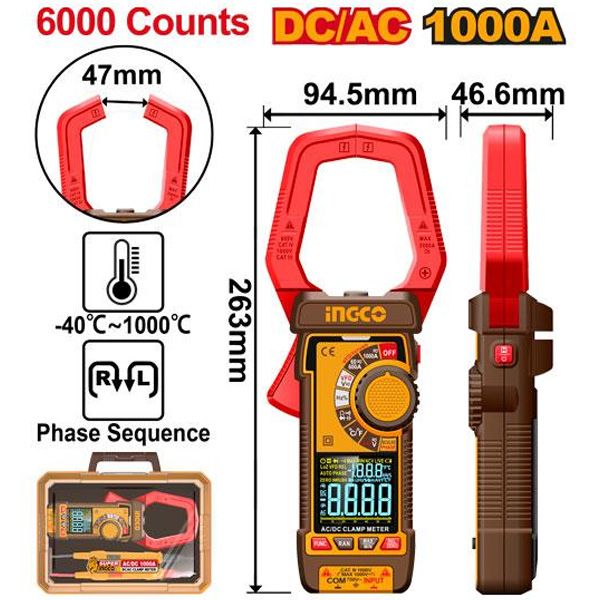 Đồng hồ kẹp kỹ thuật số AC/DC 1000A-6000 số đếm Ingco DCM610002