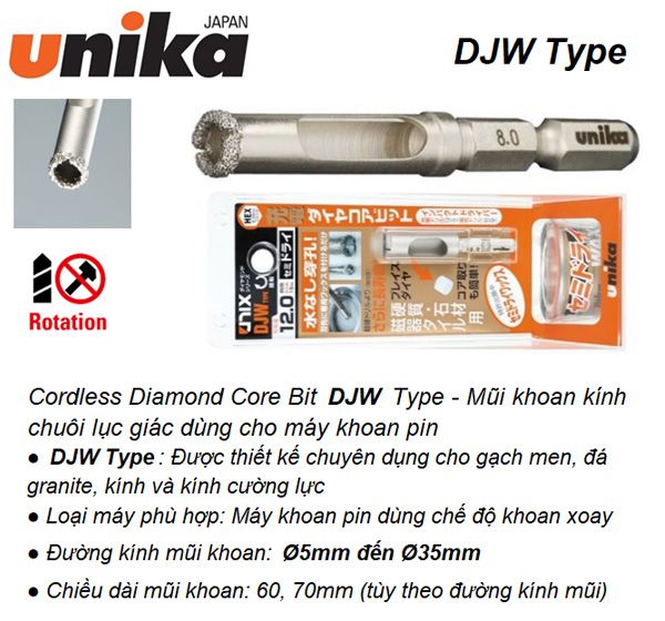 Mũi khoan kính, đá chuôi lục giác Unika DJW15.0x60S