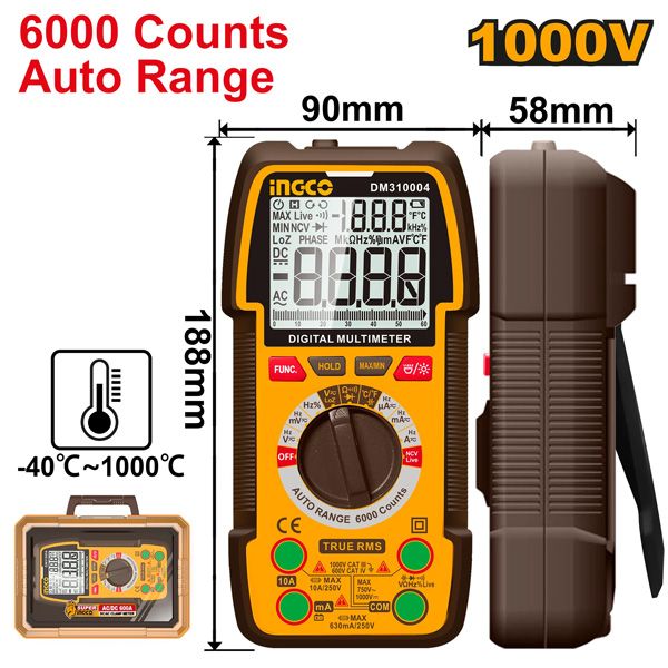 Đồng hồ vạn năng kỹ thuật số 1000V-6000 số đếm tự động Ingco DM310004