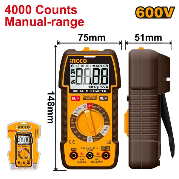 Đồng hồ vạn năng kỹ thuật số 600V-4000 số đếm Ingco DM36002