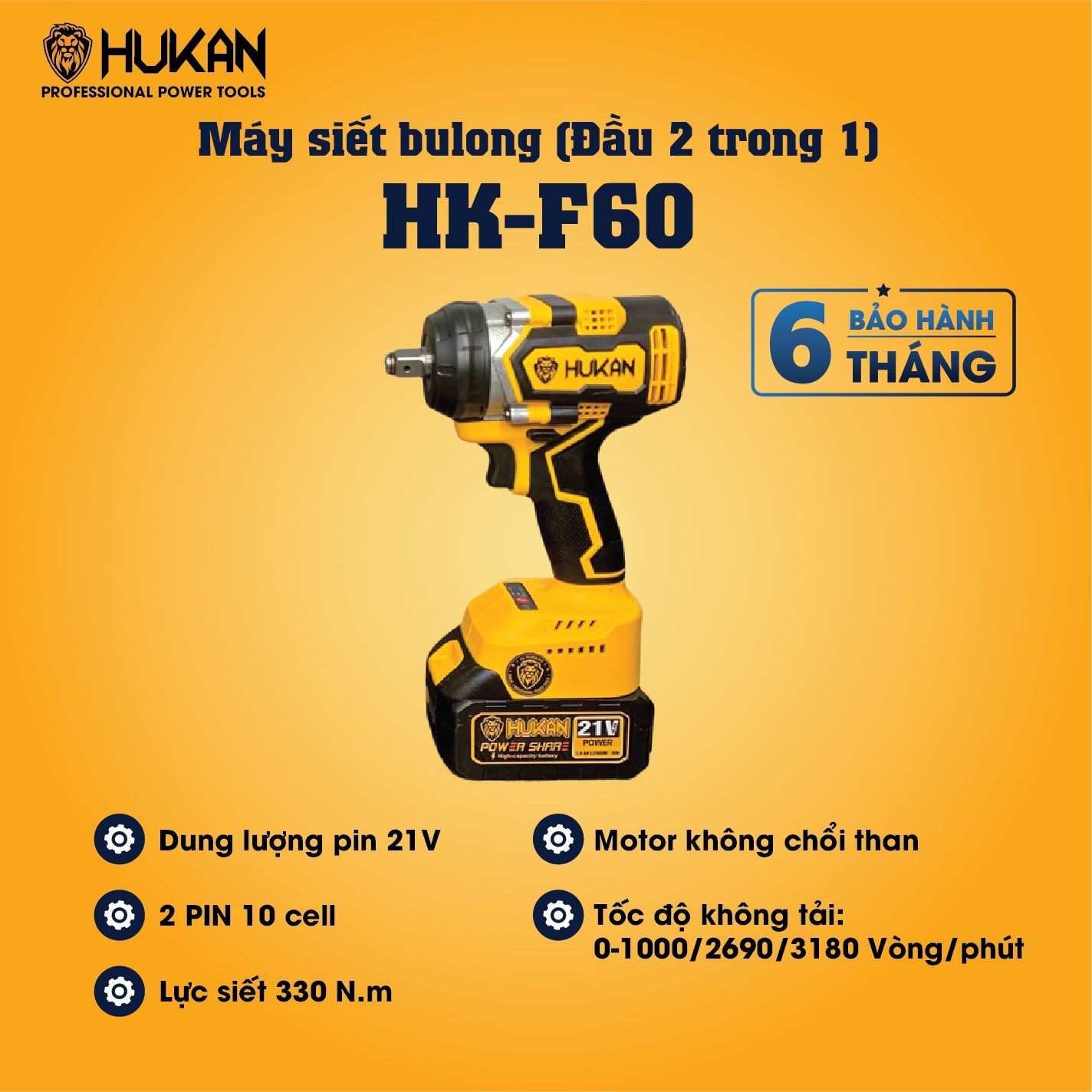  Máy siết bu lông dùng pin 21V HUKAN HK-F60 