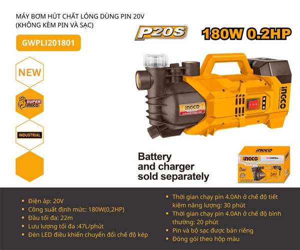 Máy bơm nước dùng pin 20V INGCO GWPLI201801